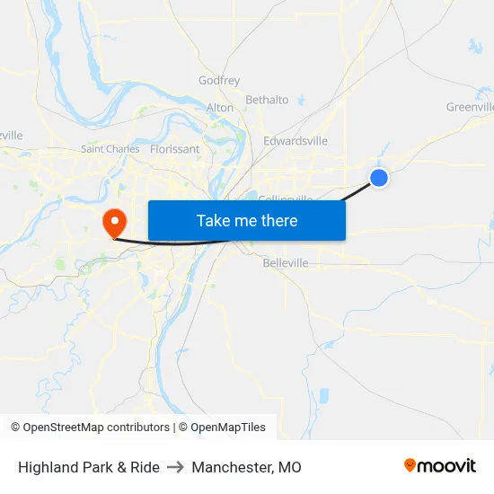 Highland Park & Ride to Manchester, MO map