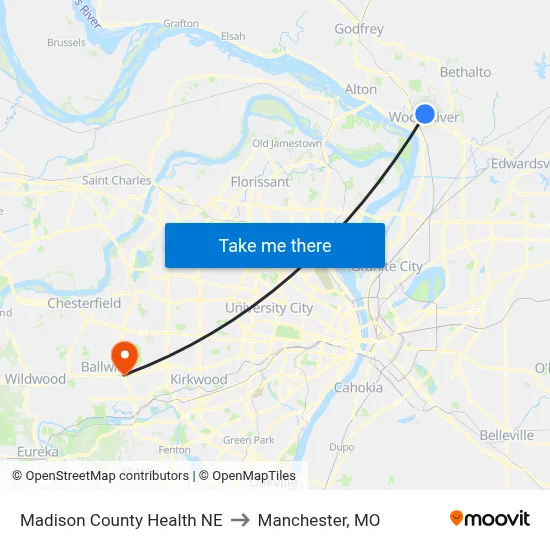 Madison County Health NE to Manchester, MO map
