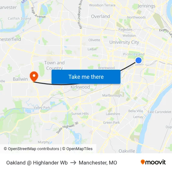 Oakland @ Highlander Wb to Manchester, MO map