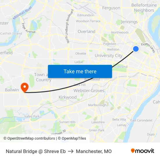 Natural Bridge @ Shreve Eb to Manchester, MO map