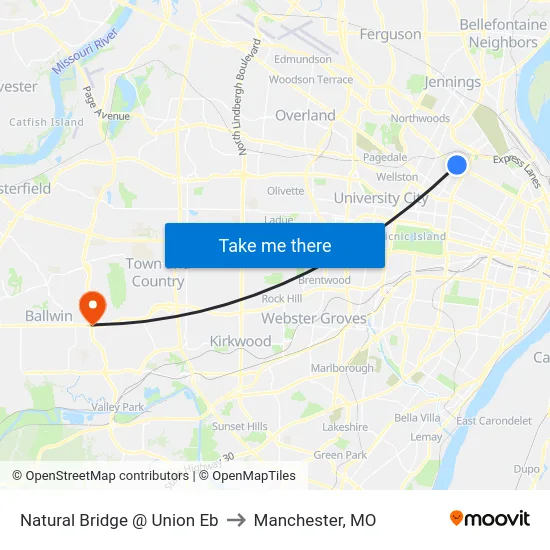 Natural Bridge @ Union Eb to Manchester, MO map
