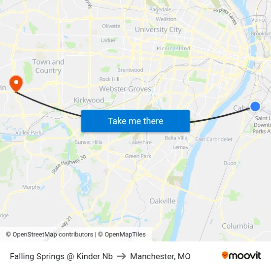 Falling Springs @ Kinder Nb to Manchester, MO map