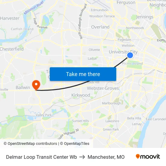 Delmar Loop Transit Center Wb to Manchester, MO map