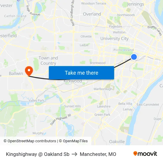 Kingshighway @ Oakland Sb to Manchester, MO map