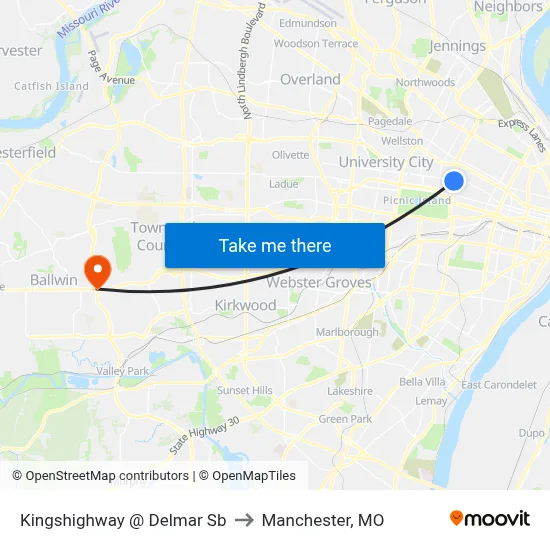 Kingshighway @ Delmar Sb to Manchester, MO map