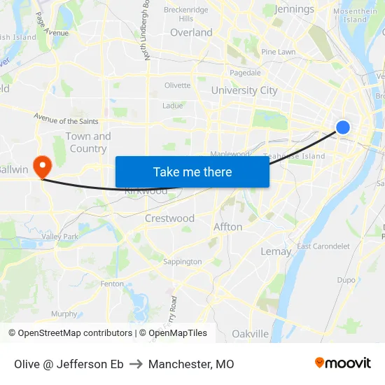 Olive @ Jefferson Eb to Manchester, MO map