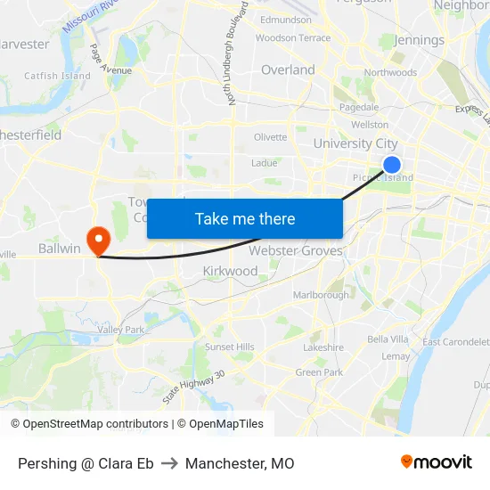 Pershing @ Clara Eb to Manchester, MO map