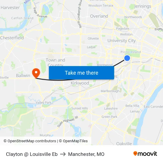 Clayton @ Louisville Eb to Manchester, MO map