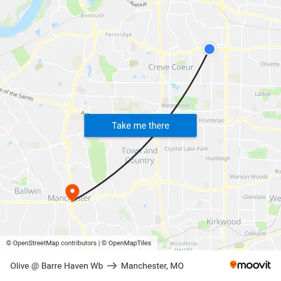 Olive @ Barre Haven Wb to Manchester, MO map