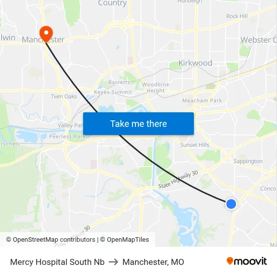 Mercy Hospital South Nb to Manchester, MO map
