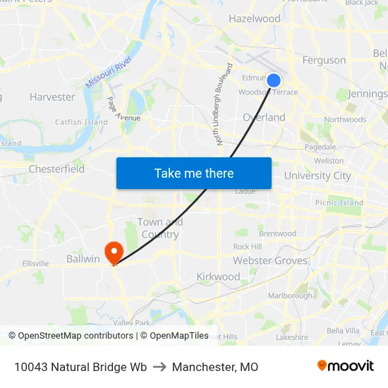 10043 Natural Bridge Wb to Manchester, MO map