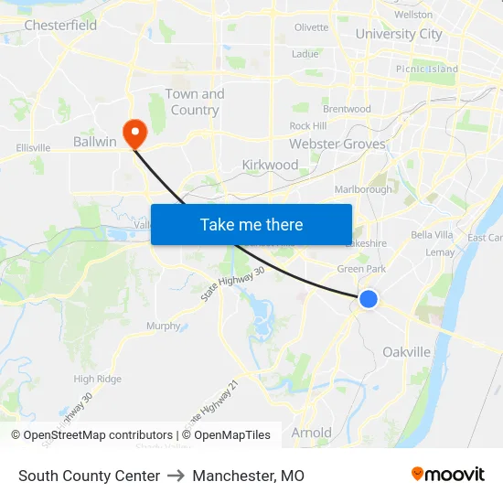 South County Center to Manchester, MO map