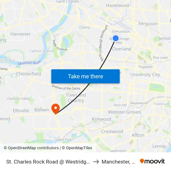 St. Charles Rock Road @ Westridge Eb to Manchester, MO map