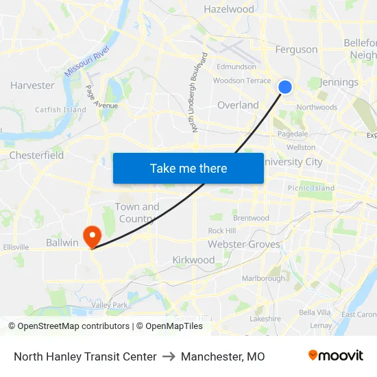 North Hanley Transit Center to Manchester, MO map