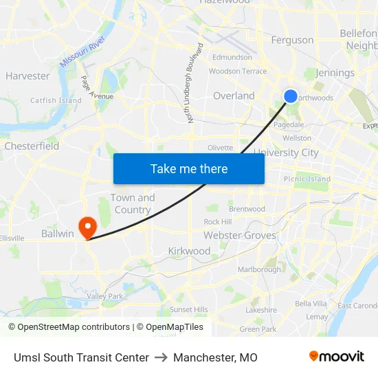 Umsl South Transit Center to Manchester, MO map