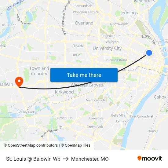St. Louis @ Baldwin Wb to Manchester, MO map