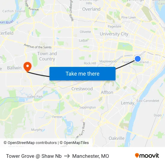 Tower Grove @ Shaw Nb to Manchester, MO map
