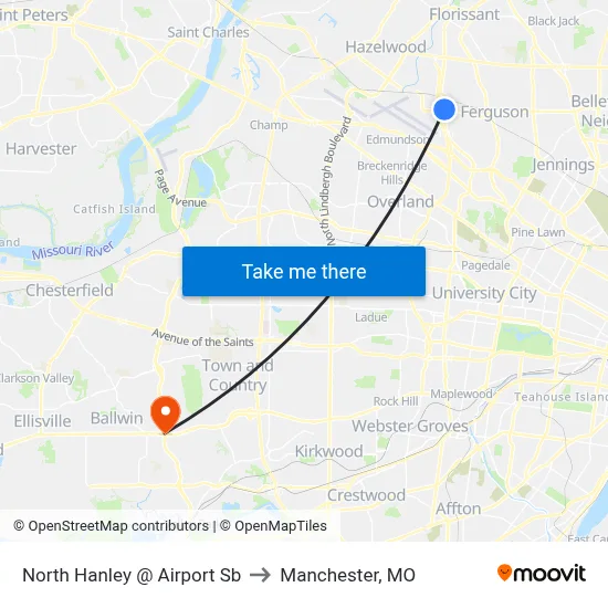 North Hanley @ Airport Sb to Manchester, MO map