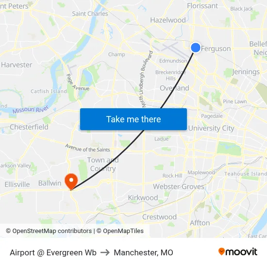 Airport @ Evergreen Wb to Manchester, MO map