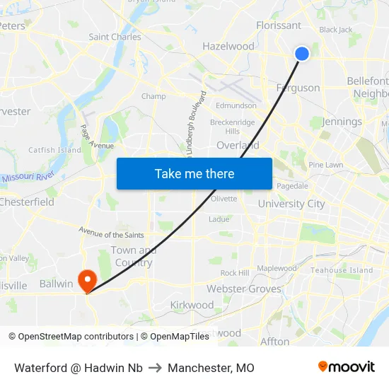 Waterford @ Hadwin Nb to Manchester, MO map