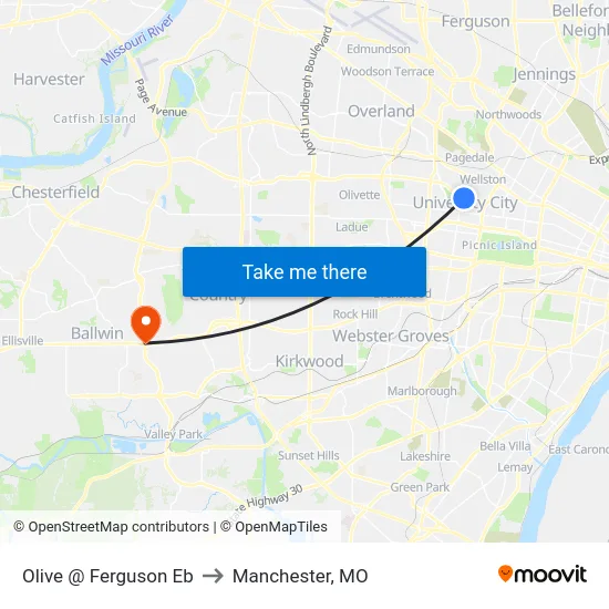 Olive @ Ferguson Eb to Manchester, MO map
