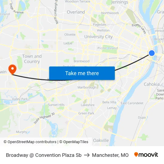 Broadway @ Convention Plaza Sb to Manchester, MO map
