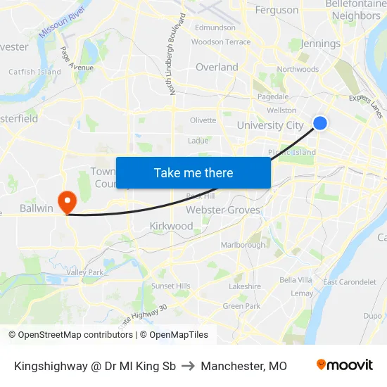 Kingshighway @ Dr Ml King Sb to Manchester, MO map