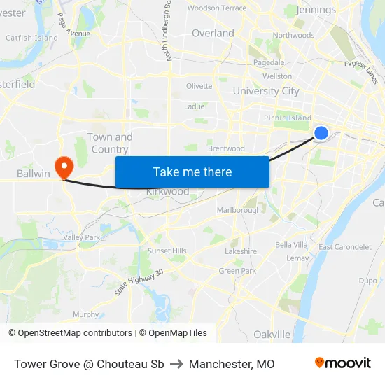 Tower Grove @ Chouteau Sb to Manchester, MO map