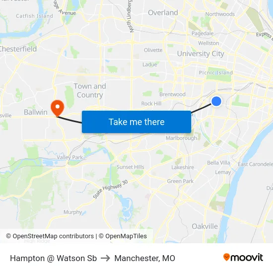 Hampton @ Watson Sb to Manchester, MO map