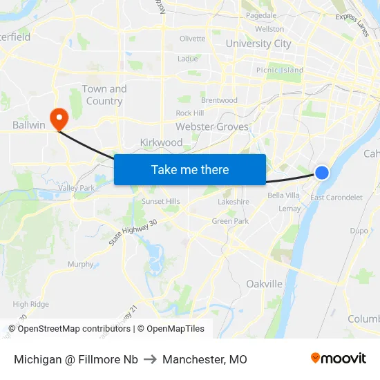Michigan @ Fillmore Nb to Manchester, MO map