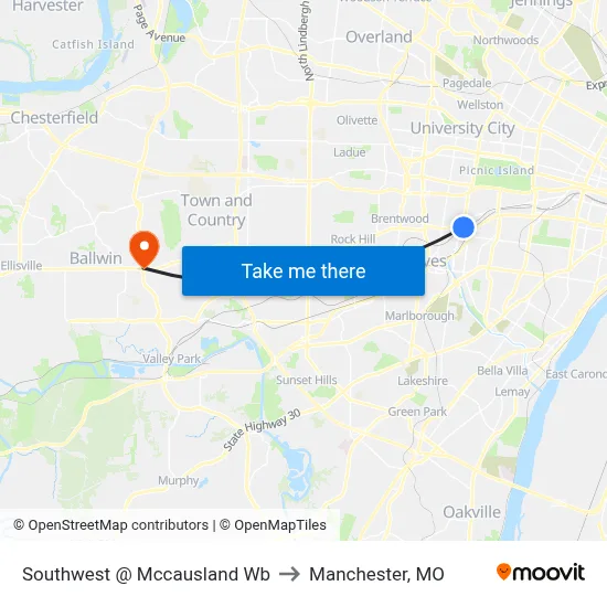 Southwest @ Mccausland Wb to Manchester, MO map