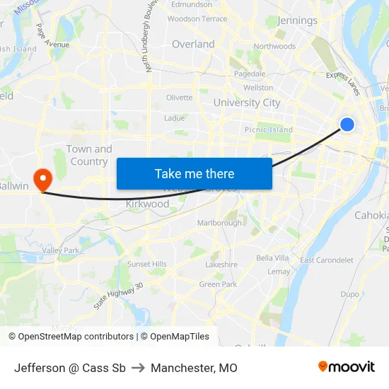 Jefferson @ Cass Sb to Manchester, MO map