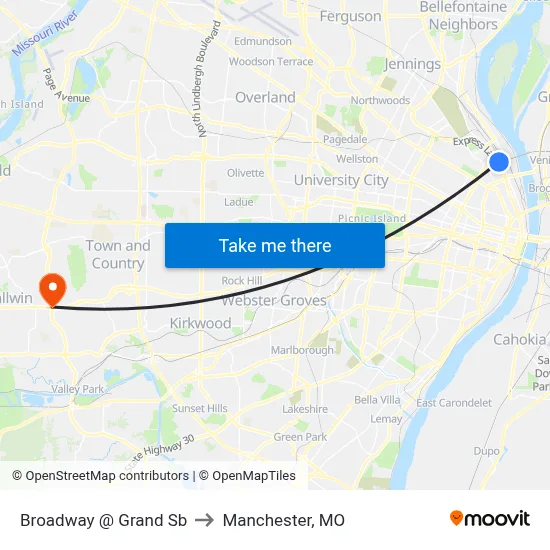 Broadway @ Grand Sb to Manchester, MO map