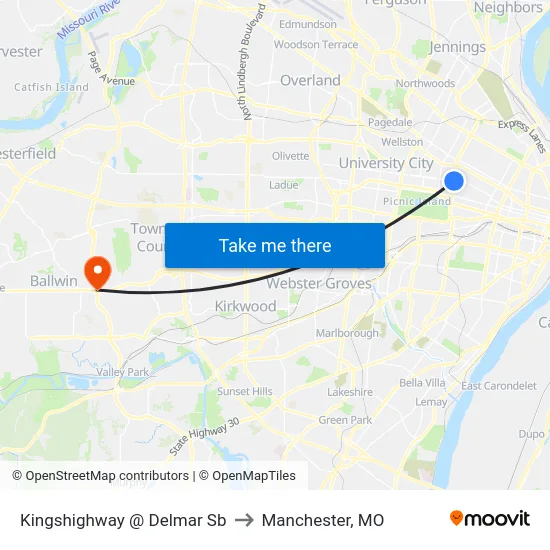 Kingshighway @ Delmar Sb to Manchester, MO map
