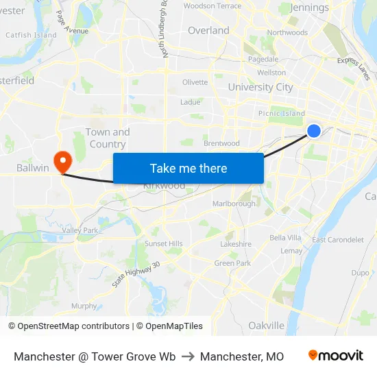 Manchester @ Tower Grove Wb to Manchester, MO map