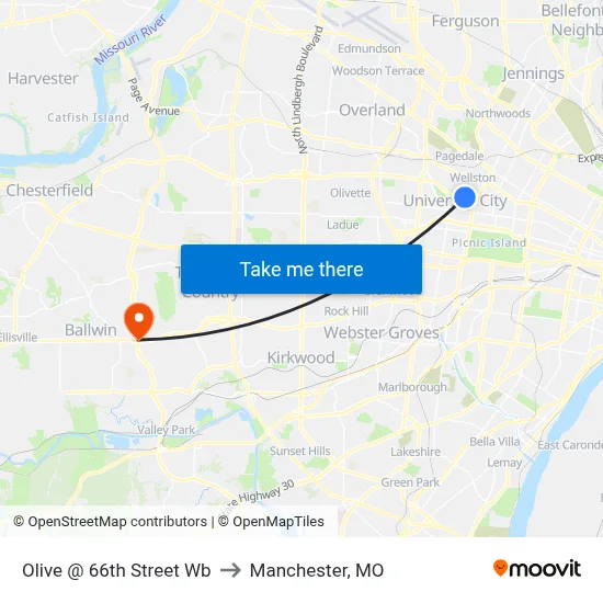 Olive @ 66th Street Wb to Manchester, MO map
