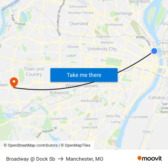 Broadway @ Dock Sb to Manchester, MO map