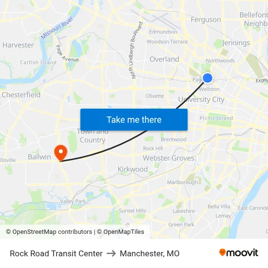 Rock Road Transit Center to Manchester, MO map