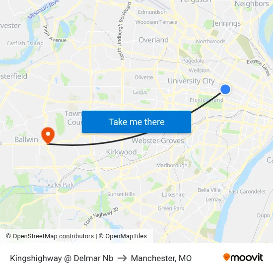 Kingshighway @ Delmar Nb to Manchester, MO map