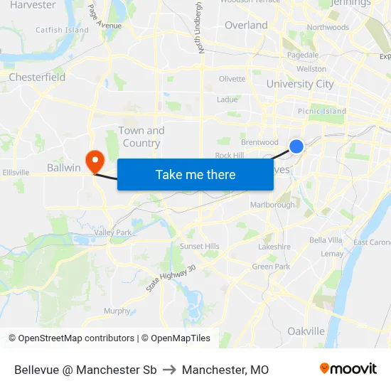 Bellevue @ Manchester Sb to Manchester, MO map