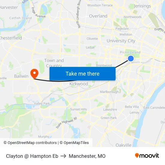Clayton @ Hampton Eb to Manchester, MO map