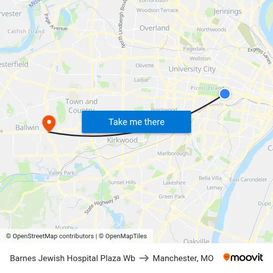 Barnes Jewish Hospital Plaza Wb to Manchester, MO map