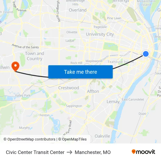 Civic Center Transit Center to Manchester, MO map