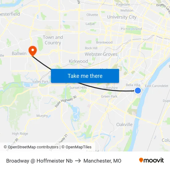 Broadway @ Hoffmeister Nb to Manchester, MO map