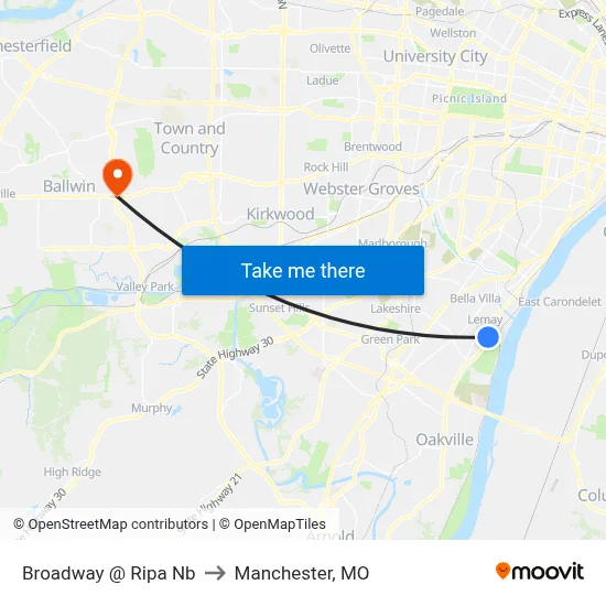 Broadway @ Ripa Nb to Manchester, MO map