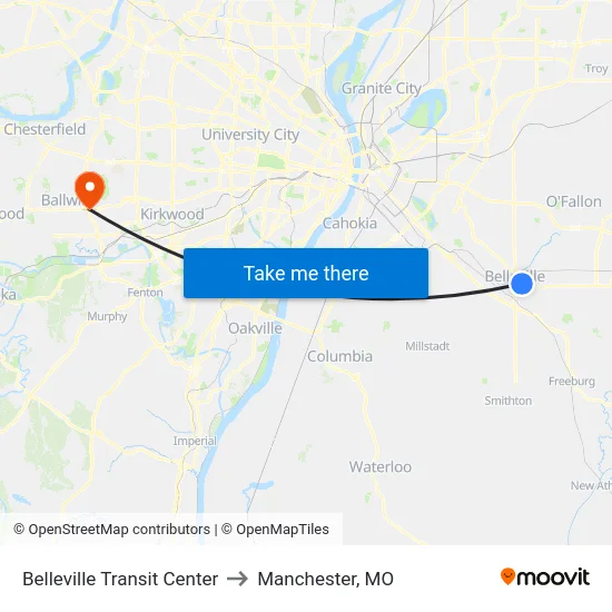 Belleville Transit Center to Manchester, MO map