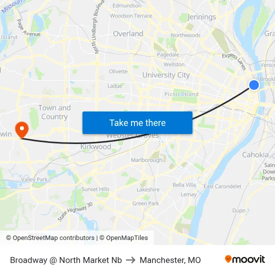 Broadway @ North Market Nb to Manchester, MO map