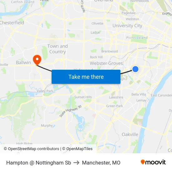 Hampton @ Nottingham Sb to Manchester, MO map