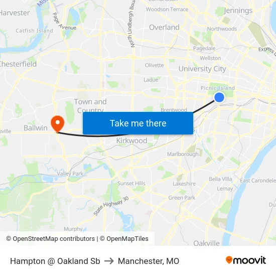 Hampton @ Oakland Sb to Manchester, MO map