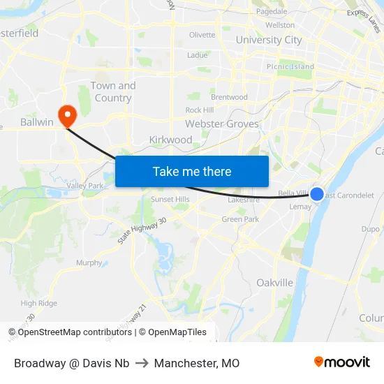 Broadway @ Davis Nb to Manchester, MO map